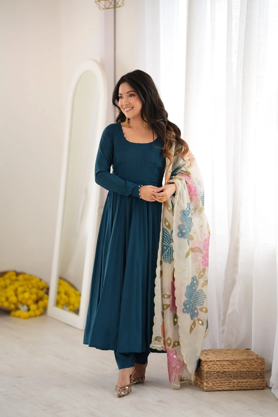 Premium Pure Romansilk 16 Kali Anarkali with Fancy Position Print Dupatta